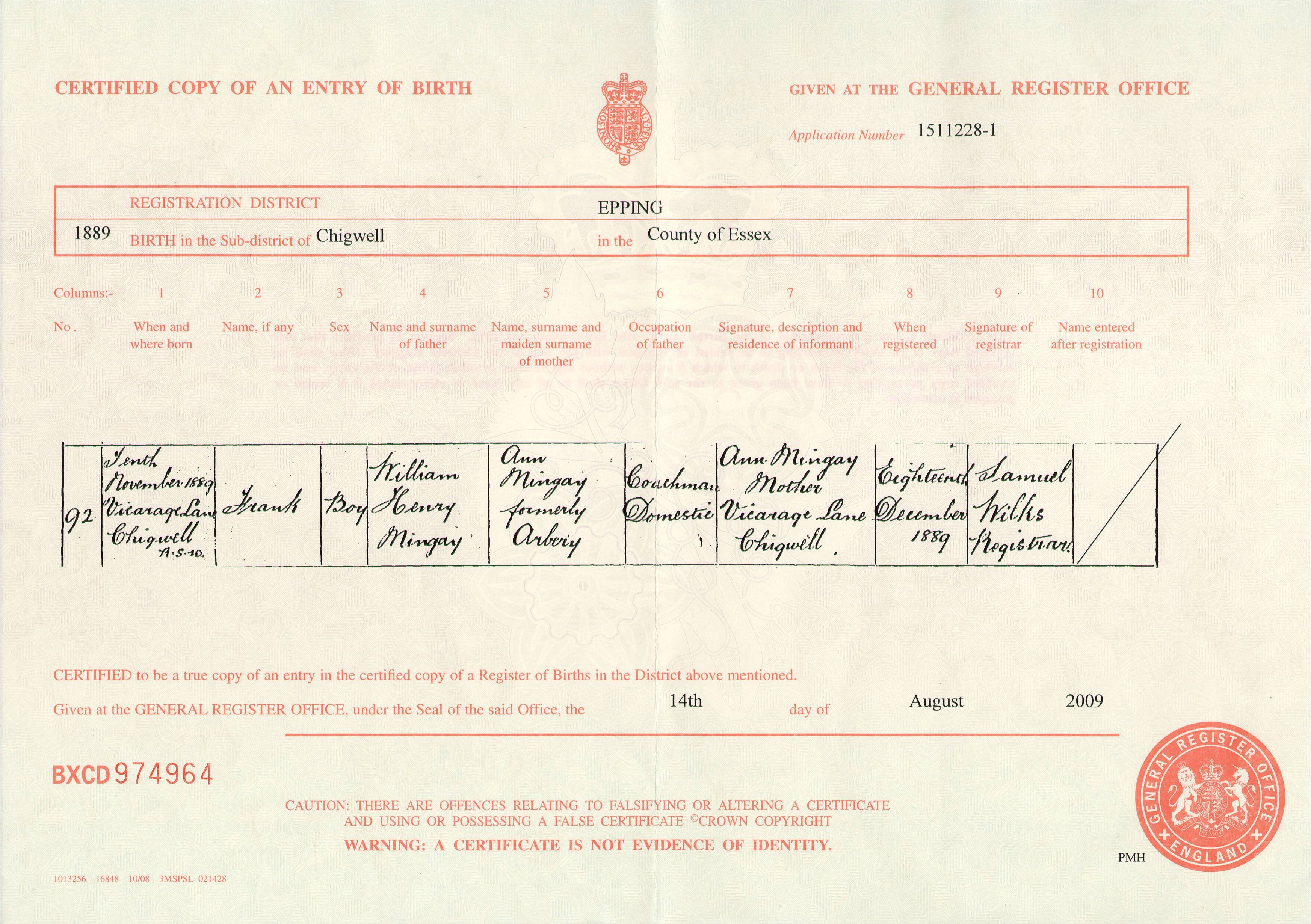 Frank Mingay Birth Certificate